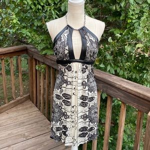 Sky brand black white leather accent halter club party dress